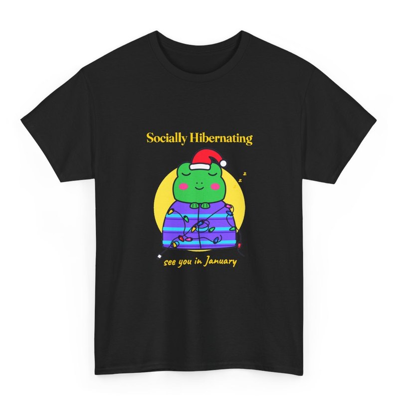 Black tee printed with the Socially Hibernating Christmas frog in bright