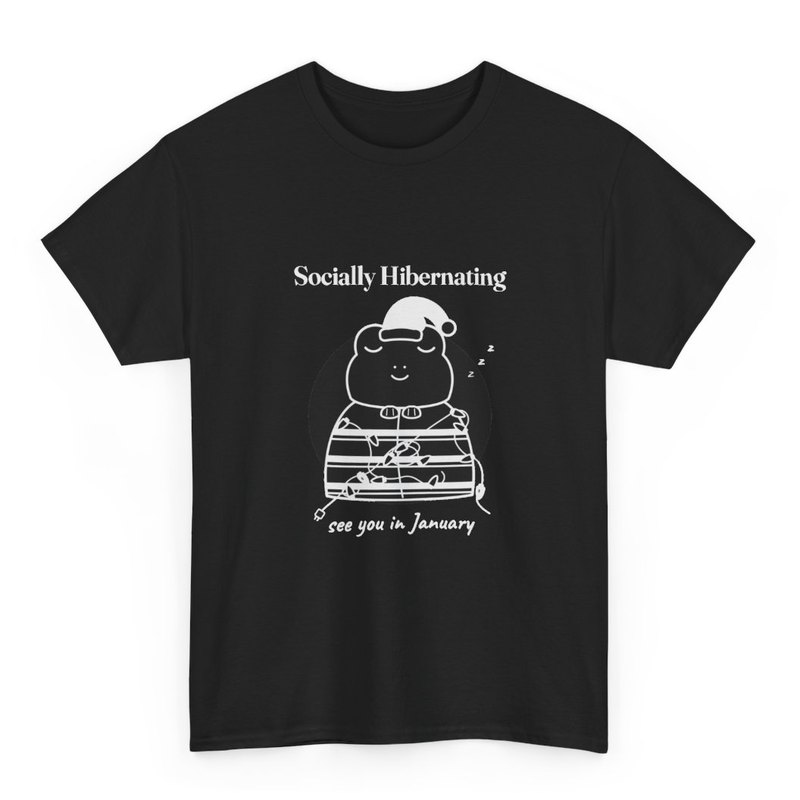 Black tee printed with the Socially Hibernating Christmas frog in black and white