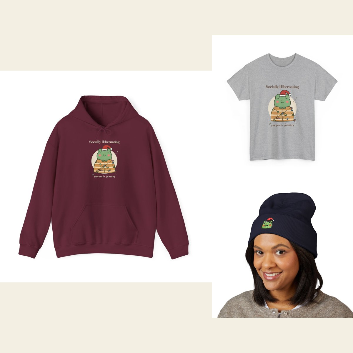 Socially Hibernating hoodie and tee printed with the Christmas frog, and a beanie with the frog embroidered on the cuff