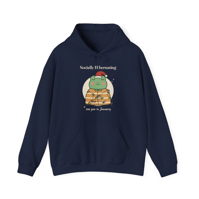 Navy hoodie printed with the Socially Hibernating Christmas frog